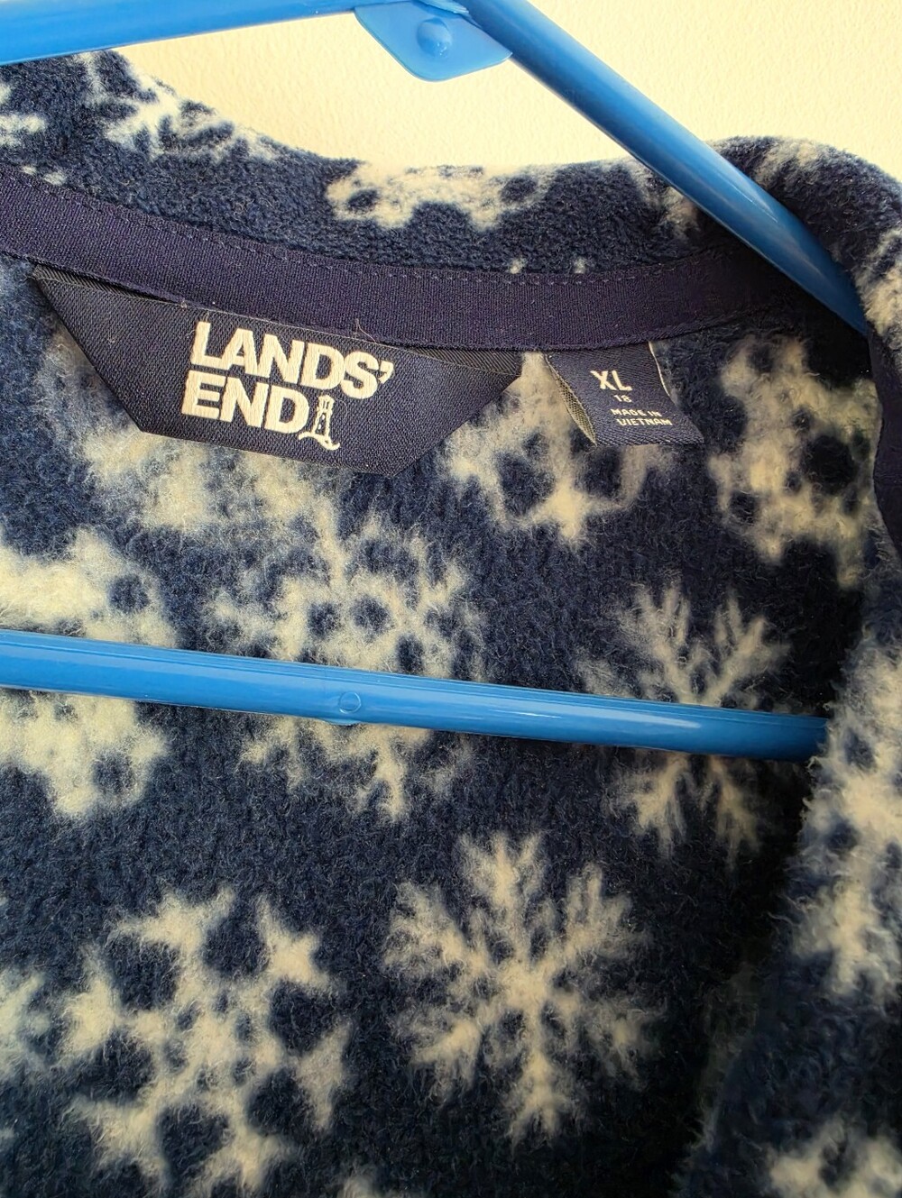 Lands' End Navy and White Snowflake Fleece Pullover